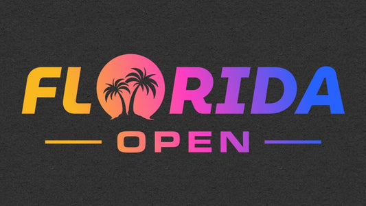 Logo design for the Florida Open Pool Championship 2025, featuring gradient palm trees inside a sunset-style circle with bold modern text on a black background.