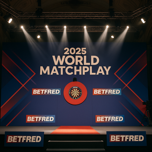 Stage at the 2025 World Matchplay in Blackpool featuring vibrant lights, a central dartboard, and Betfred branding