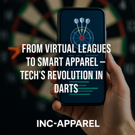 Smart darts app displayed on phone in front of dartboard, representing tech’s impact on darts and smart apparel – INC-APPAREL