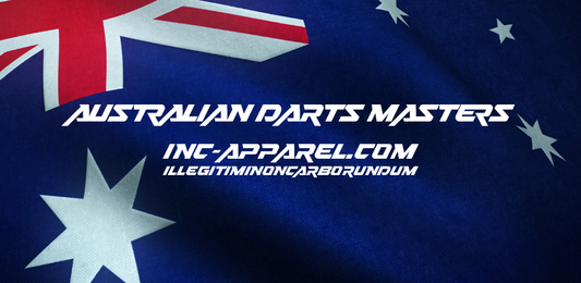 Graphic featuring the Australian flag as a backdrop with bold futuristic text reading ‘Australian Darts Masters’, the INC-Apparel.com website, and the Latin motto ‘Illegitimi Non Carborundum’