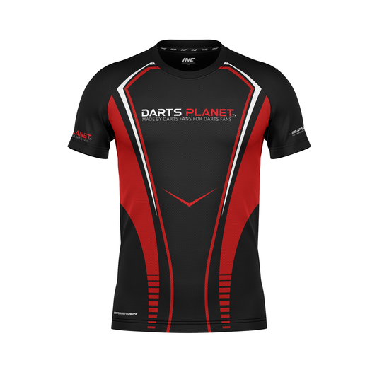 Official Darts Planet TV training tee – front view with performance fabric