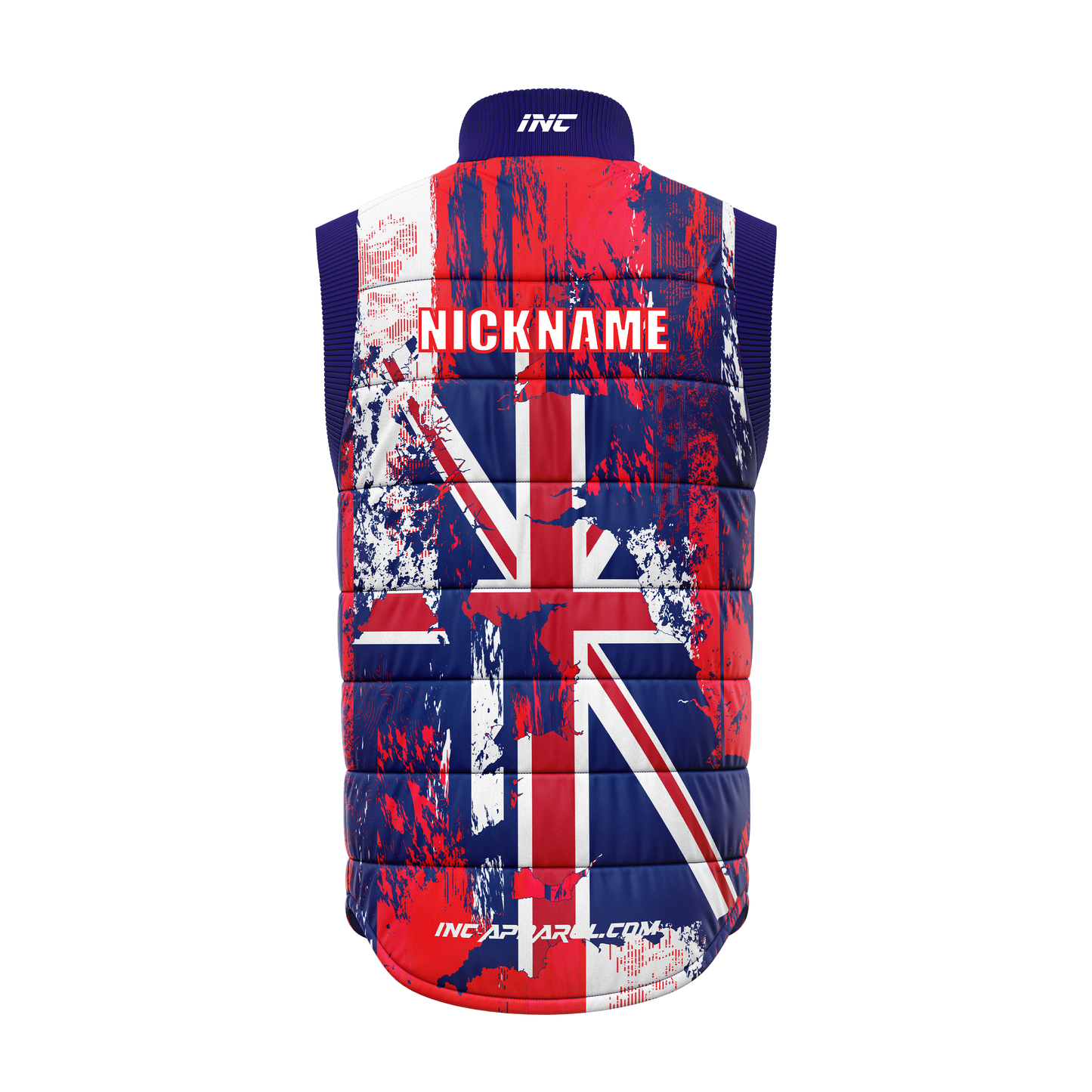 Back view of the Magna Britannia Gilet, showing the large Union Jack design on the back | INC-APPAREL