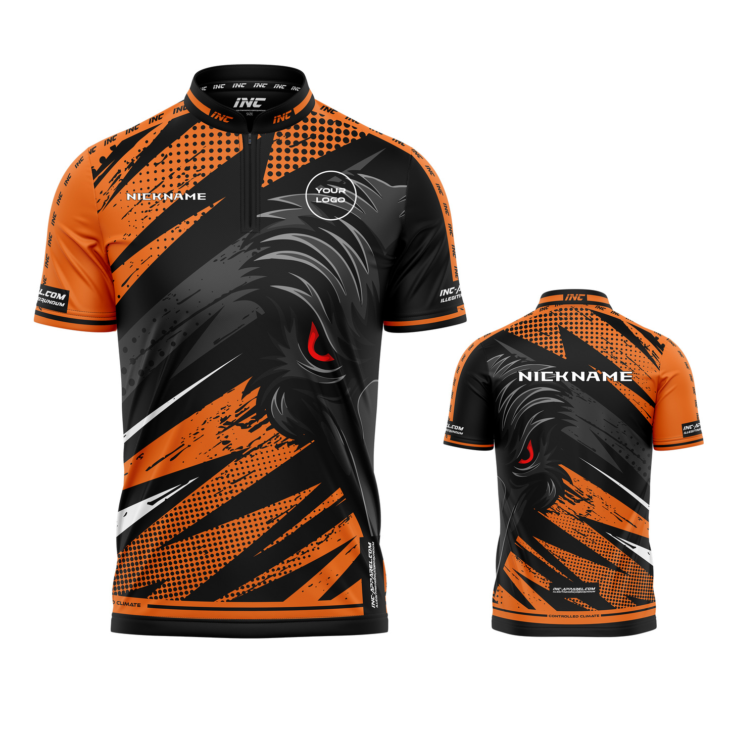 Acies Falco Black and Orange Darts Shirt from INC-APPAREL – made-to-order performance darts shirt with breathable fabric and bold orange design.