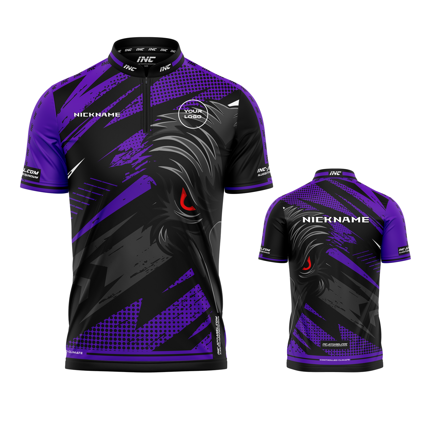 Acies Falco Black and Purple Darts Shirt from INC-APPAREL – made-to-order performance darts shirt with breathable fabric and bold professional design.