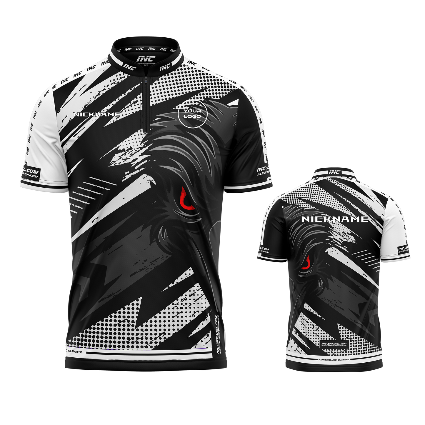Acies Falco Black and White Darts Shirt from INC-APPAREL – made-to-order performance darts shirt with breathable fabric and professional black-and-white design.