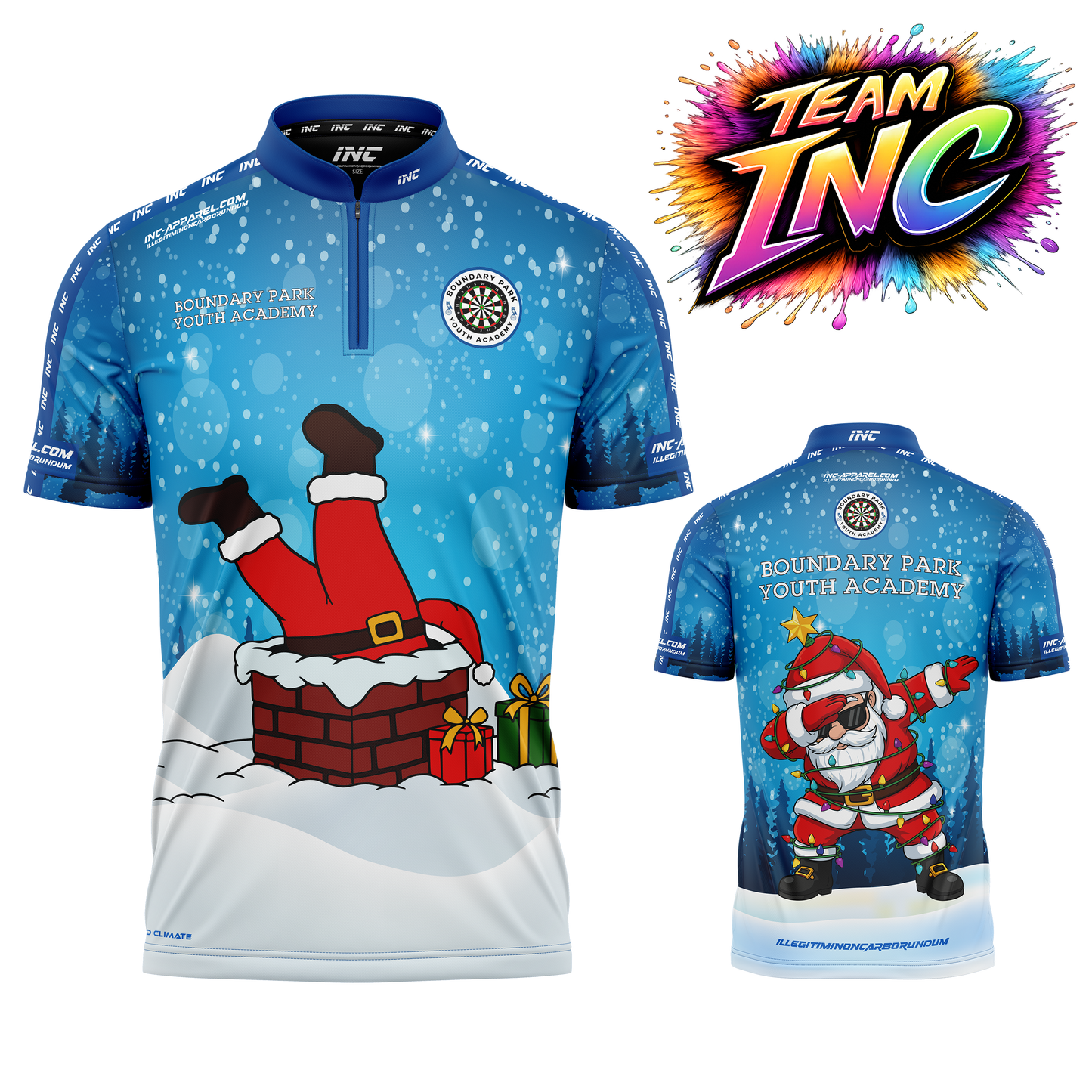 Combined front and back view of the Official Boundary Park Youth Darts Academy Christmas Shirt from INC-APPAREL