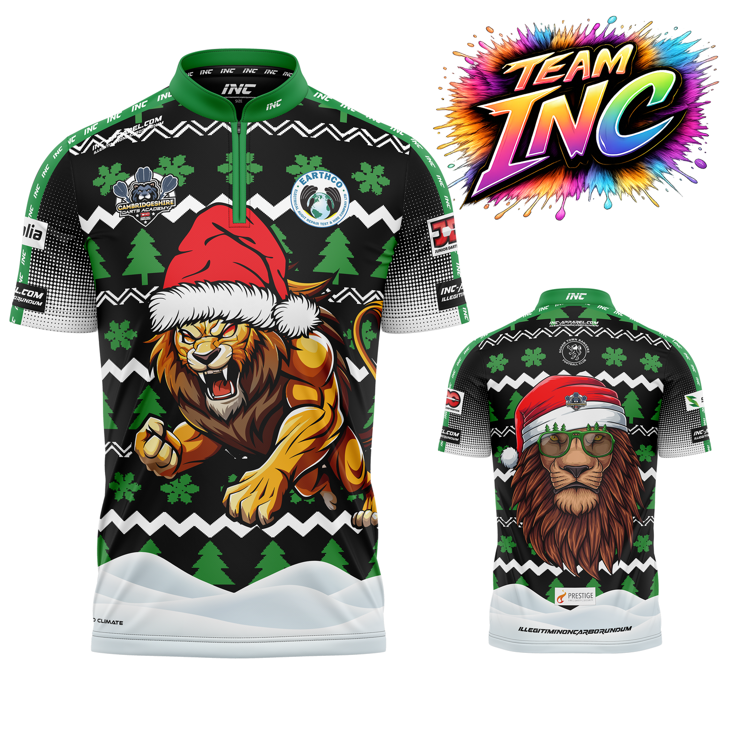 Combined front and back view of the Official Cambridgeshire Darts Academy Christmas Pro1 Darts Shirt from INC-APPAREL
