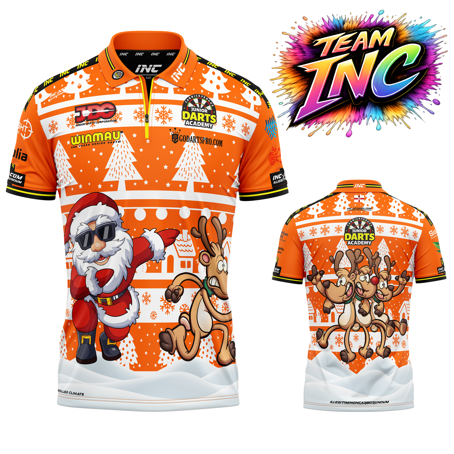 Combined front and back view of the Carrickfergus Junior Darts Academy Christmas Zip Polo Darts Shirt from INC-APPAREL