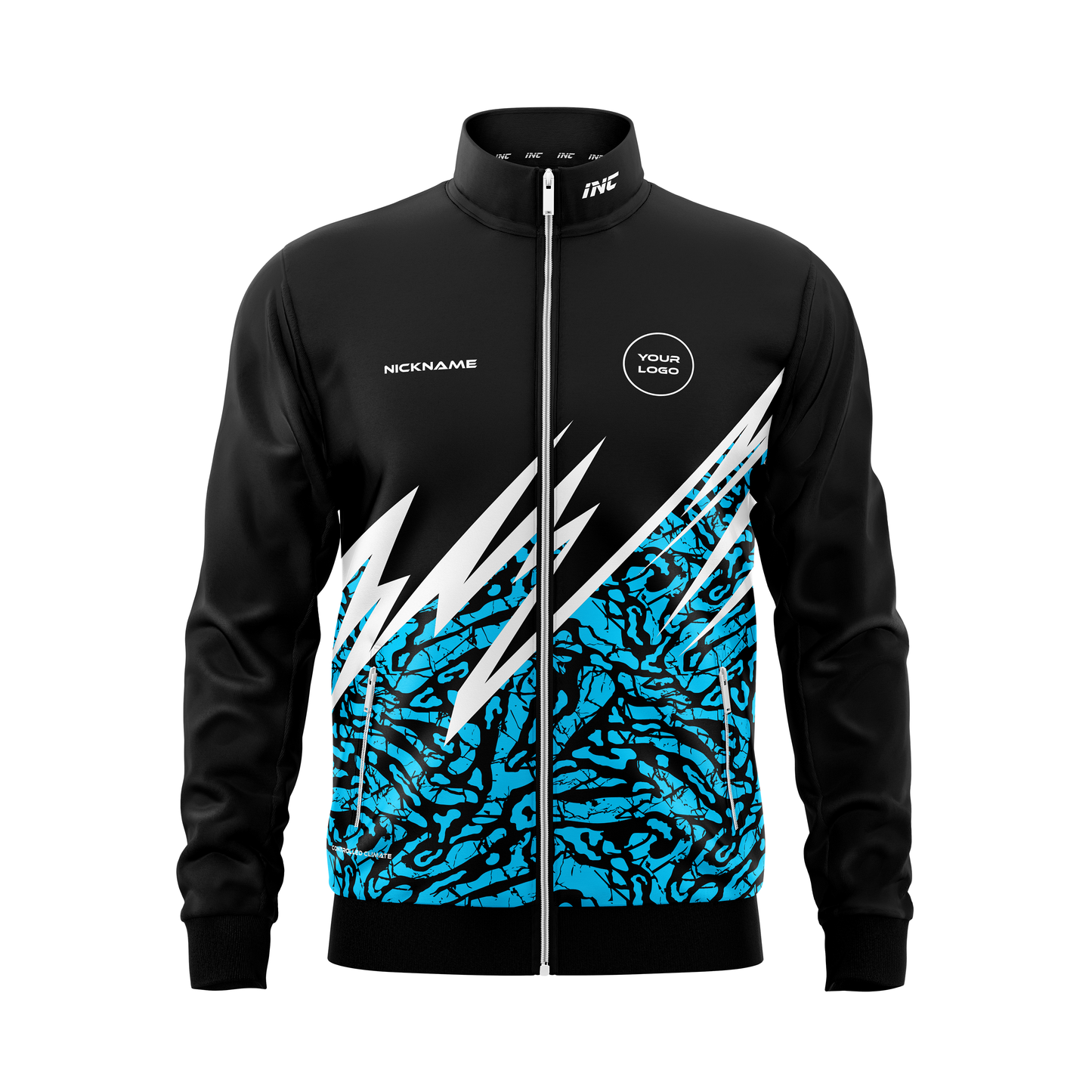 Chronic Gelu Darts Tournament Jacket – Front View of Ice Blue High Performance Zip-Up by INC-APPAREL