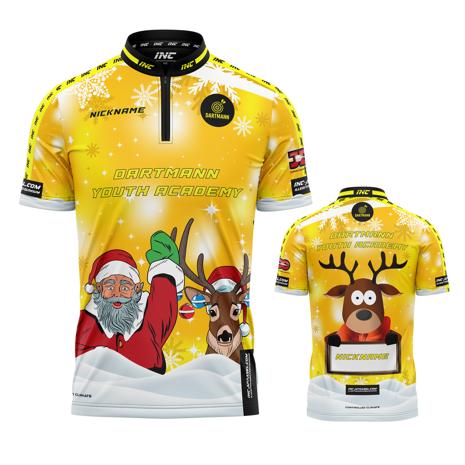 Combined front and back view of the Official Dartmann Youth Academy Christmas Darts Shirt, festive edition from INC-APPAREL