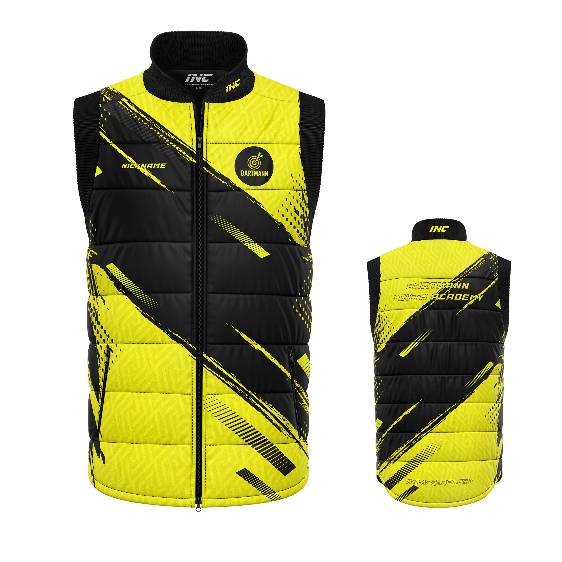 Combined front and back view of the Official Dartmann Youth Academy Gilet from INC-APPAREL, personalised with player name