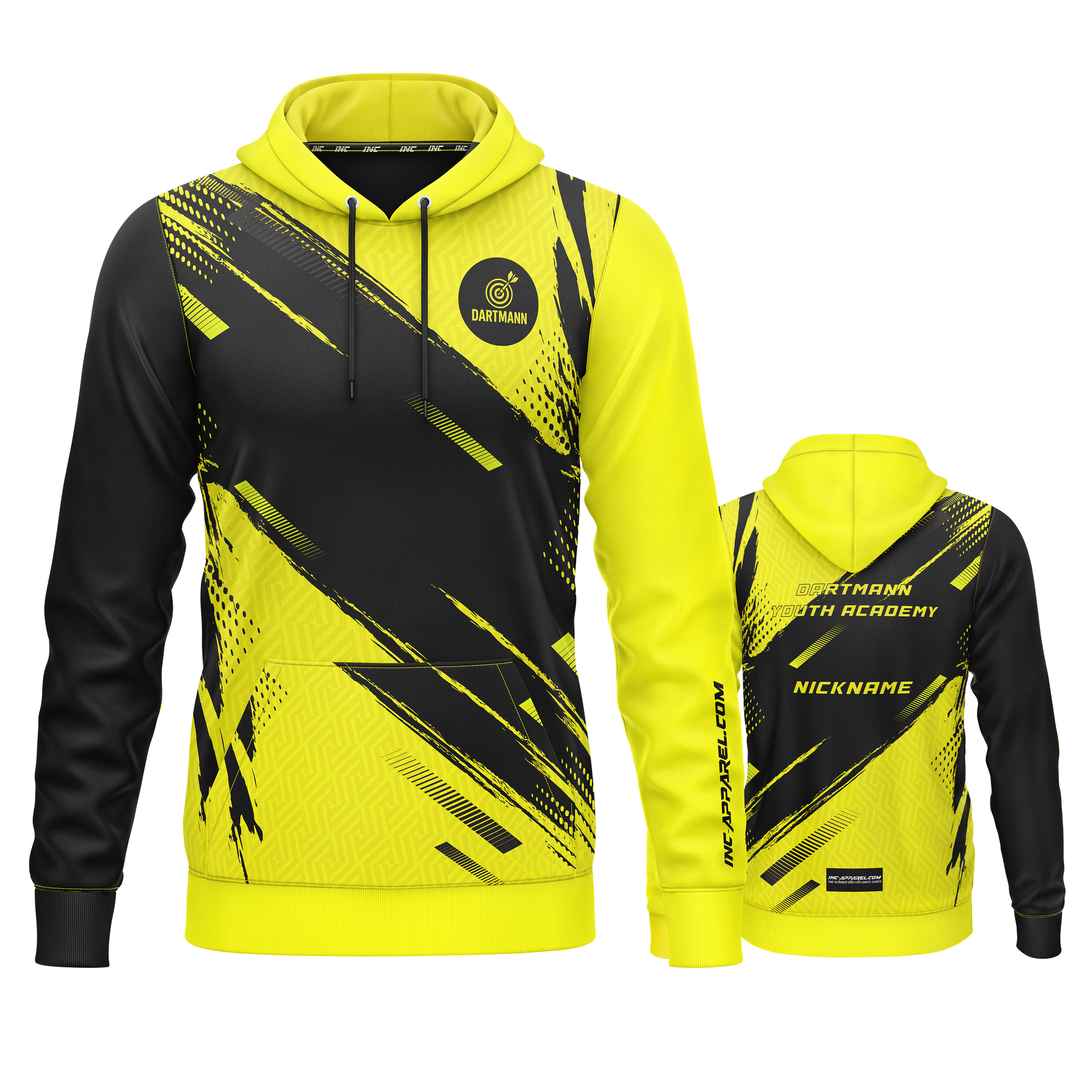 Combined front and back view of the Official Dartmann Youth Academy Hoodie from INC-APPAREL