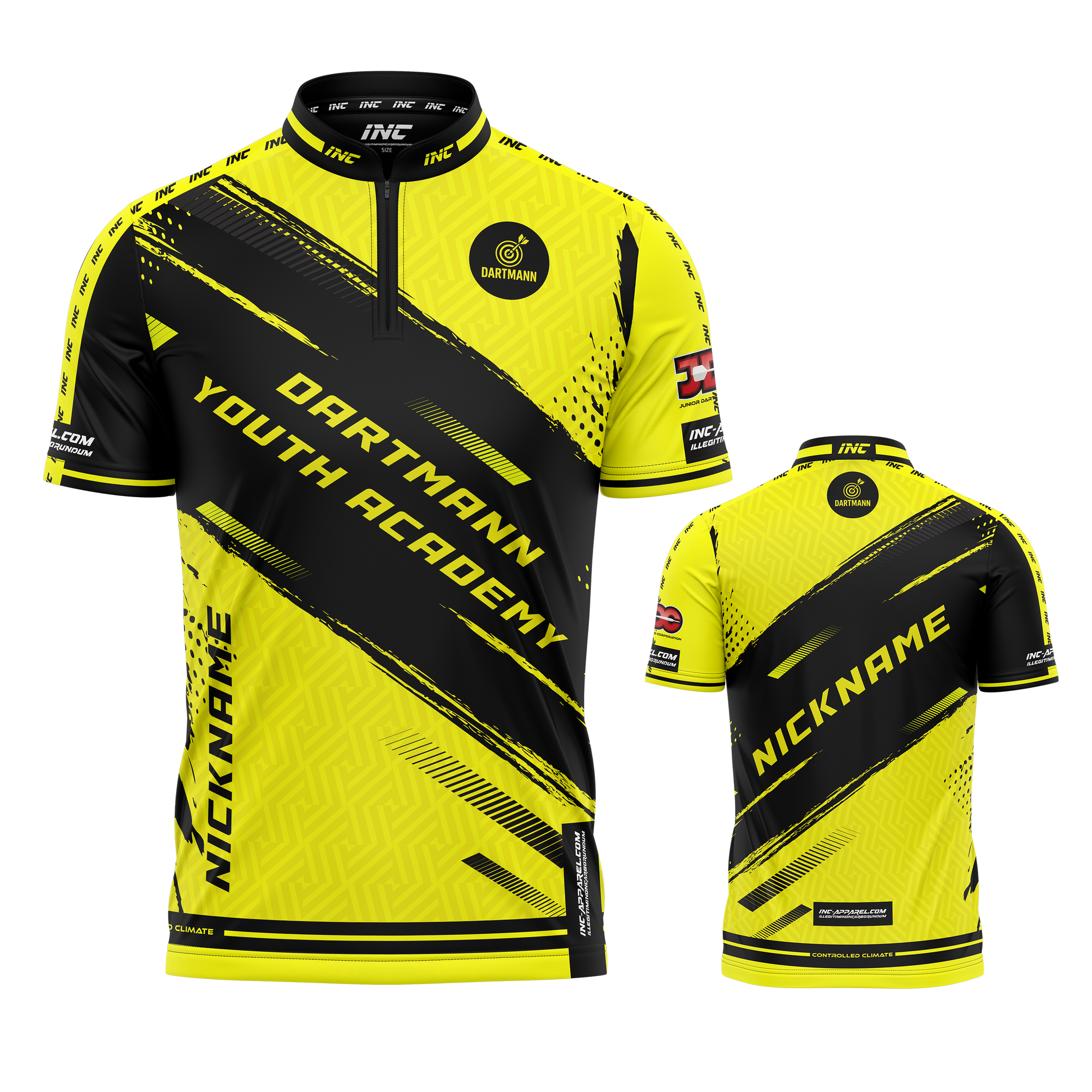 Combined front and back view of the Official Dartmann Youth Academy PRO1 Darts Shirt from INC-APPAREL