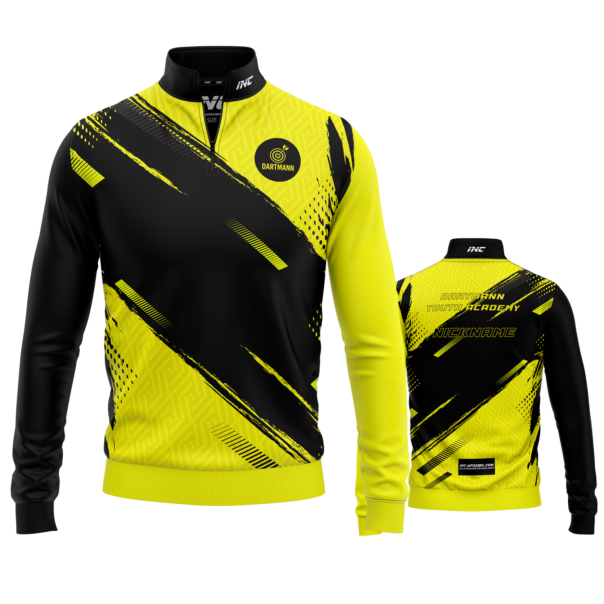 Combined front and back view of the Official Dartmann Youth Academy Quarter Zip Midlayer training top from INC-APPAREL