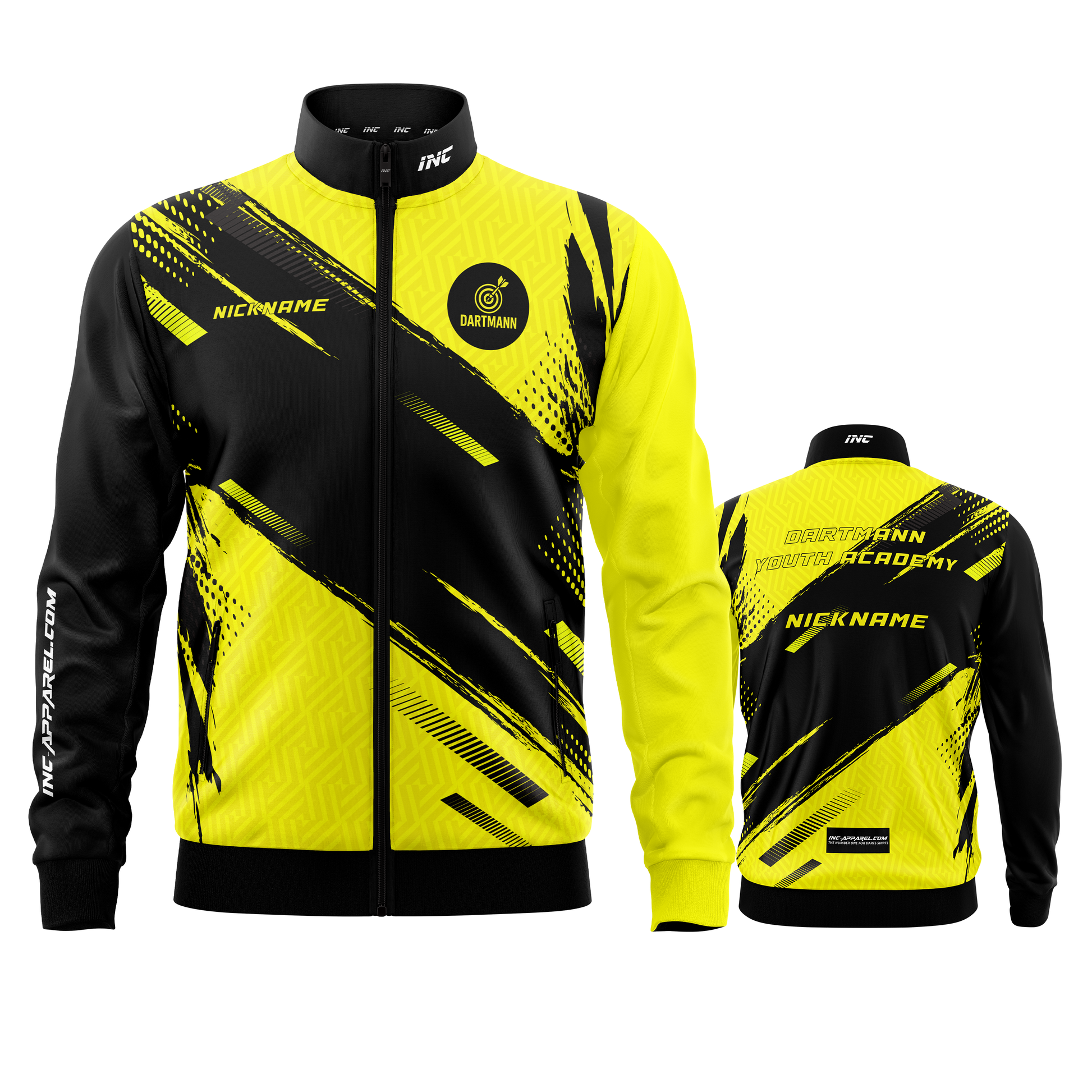 Combined front and back view of the Official Dartmann Youth Academy Tournament Jacket from INC-APPAREL