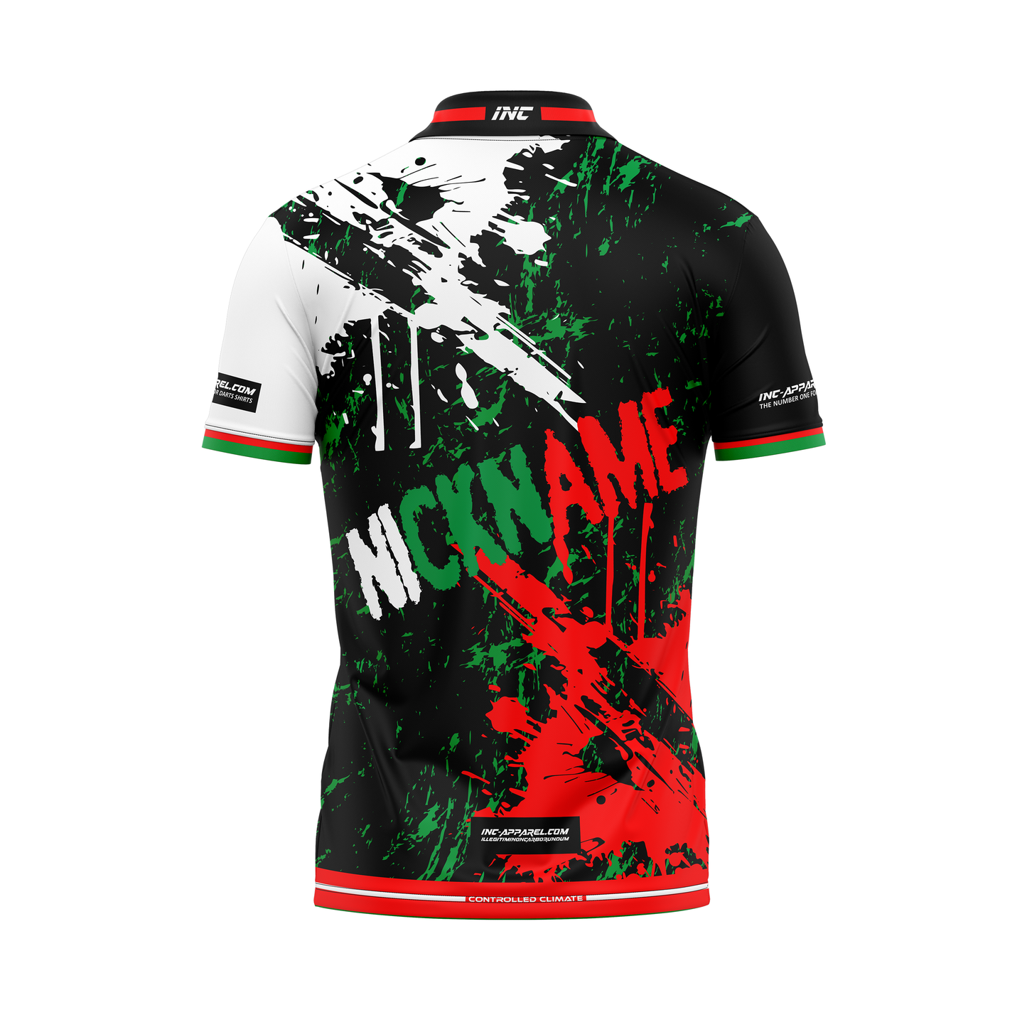 Back view of the DWO Tenebrae Zip Polo darts shirt featuring full faction design in dartboard colours | INC-APPAREL