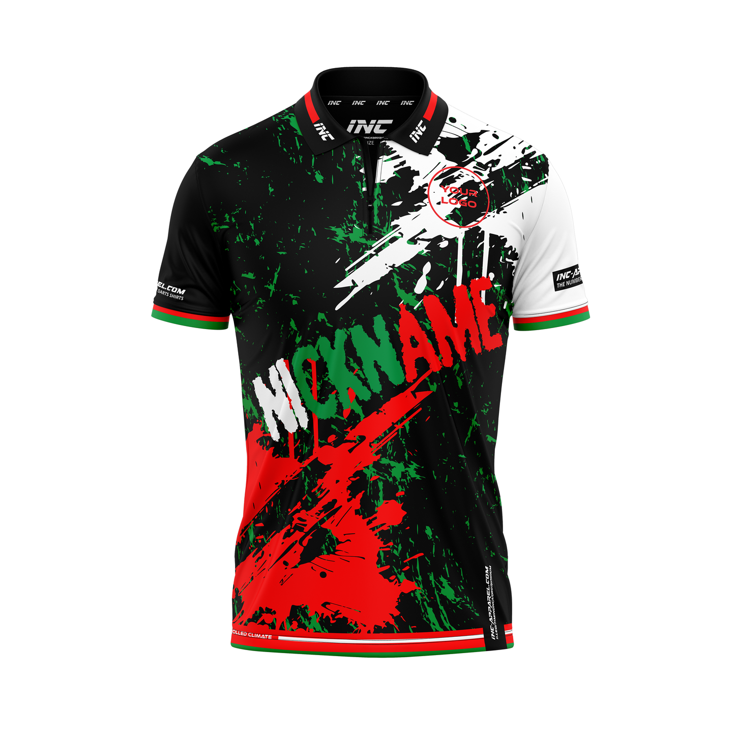 Front view of the DWO Tenebrae Zip Polo darts shirt – black with dartboard colours | INC-APPAREL