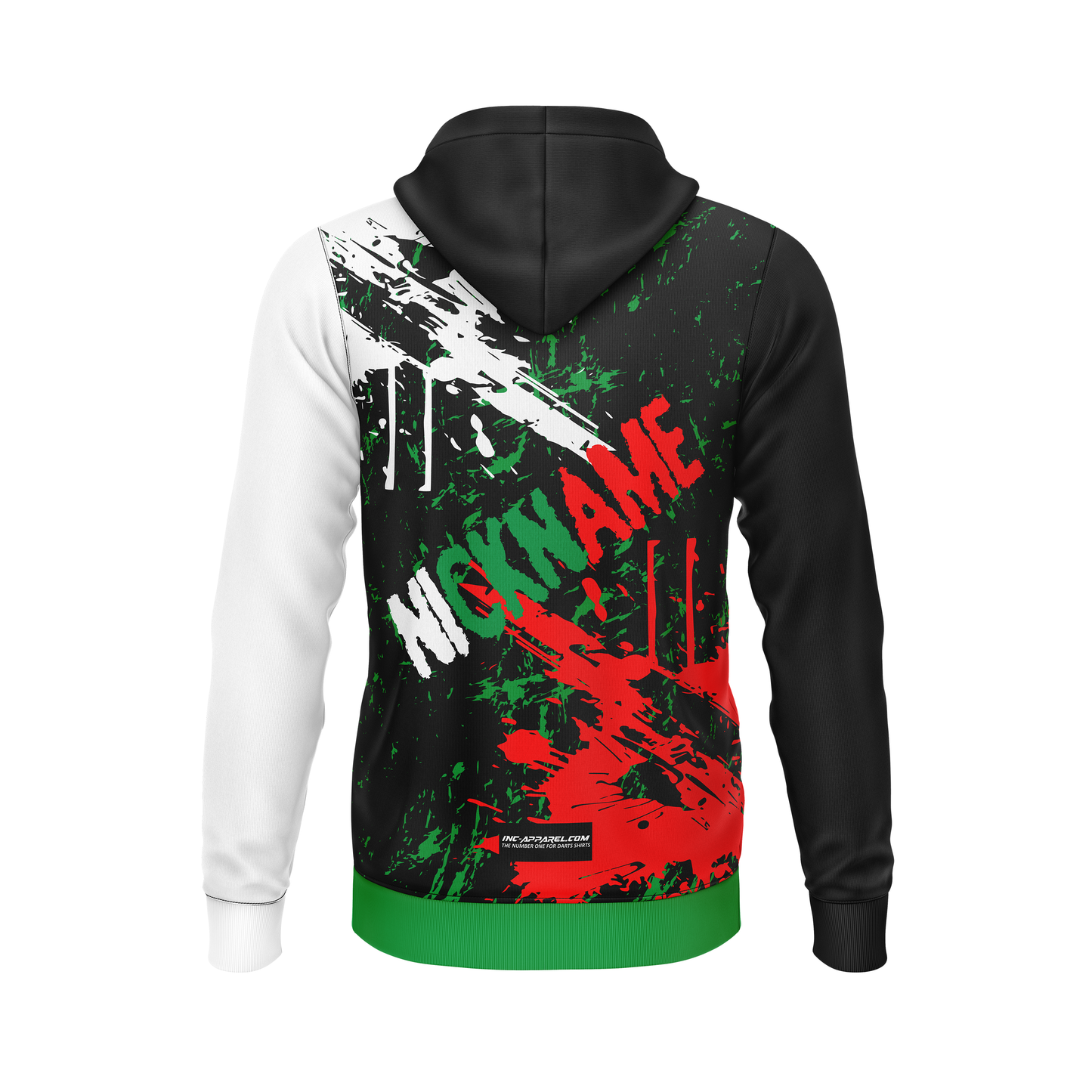 Back view showing DWO graphics on a premium heavyweight hoodie for darts culture and streetwear style at INC-APPAREL