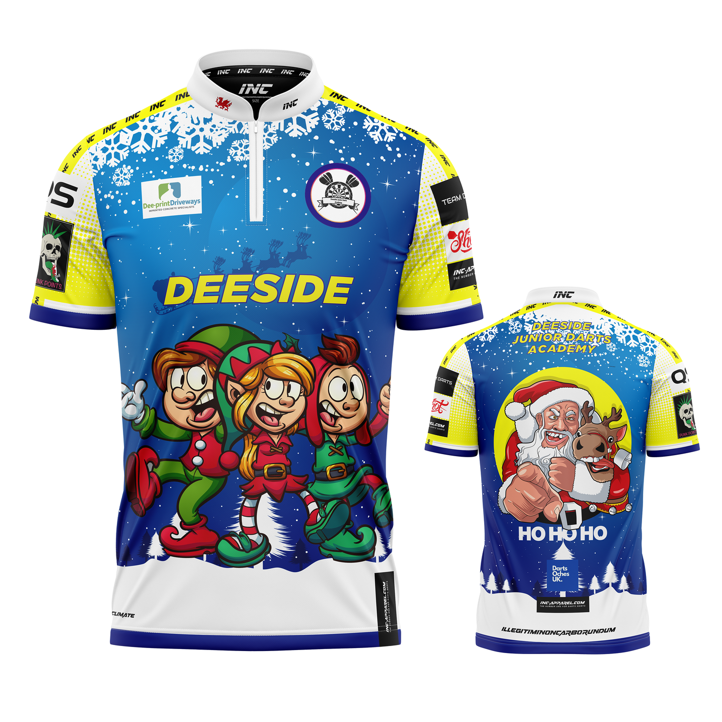 Combined front and back view of the Deeside Junior Darts Academy Christmas PRO1 Shirt from INC-APPAREL