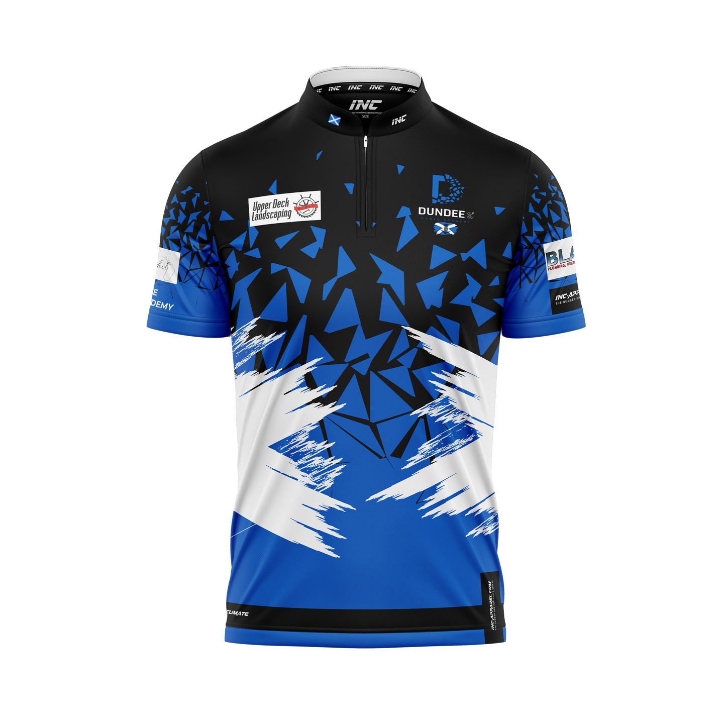 Combined front view of the Official Dundee Darts Academy PRO1 Shirt from INC-APPAREL