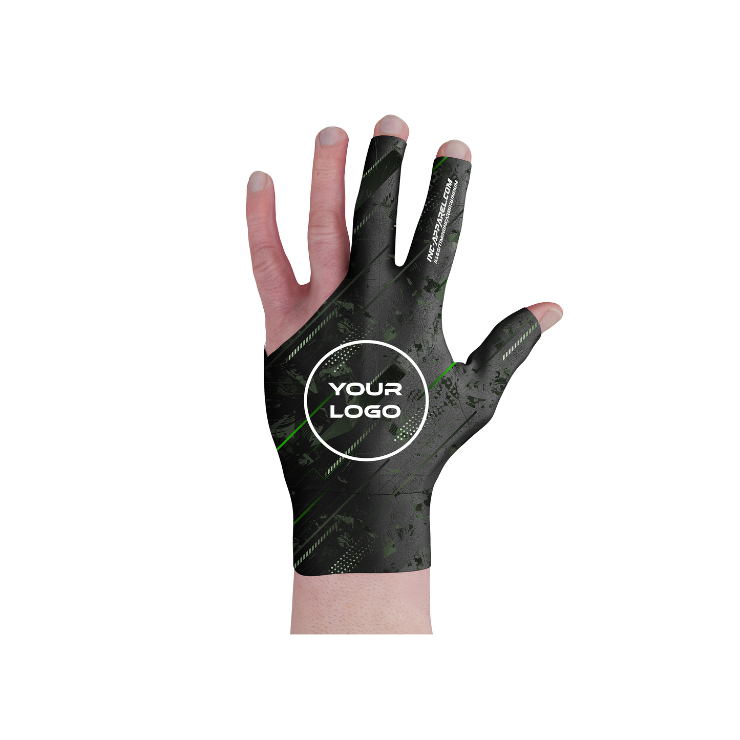 Fatum Manus Black Pool Glove from INC-APPAREL – black performance cue glove with breathable spandex and Hand of Fate design.