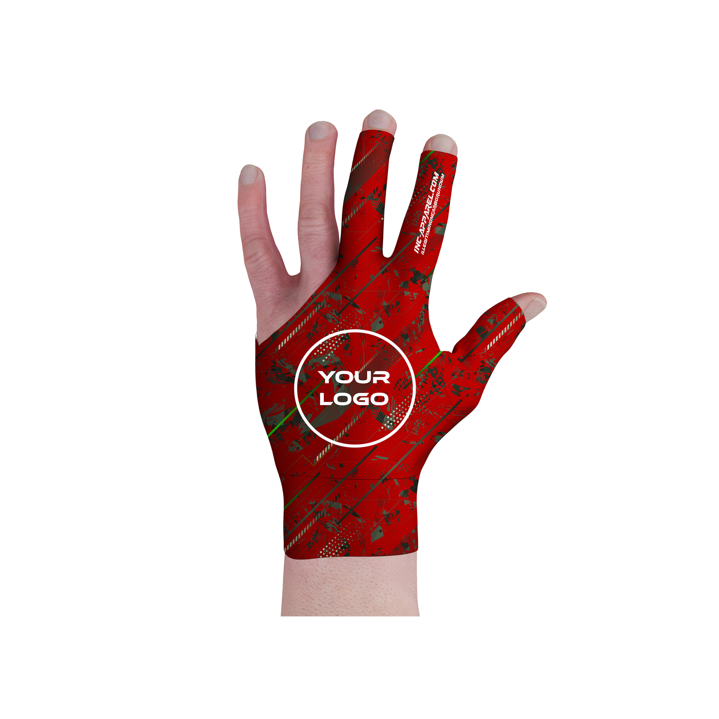 Fatum Manus Red Pool Glove from INC-APPAREL – red performance cue glove with breathable spandex and Hand of Fate design.