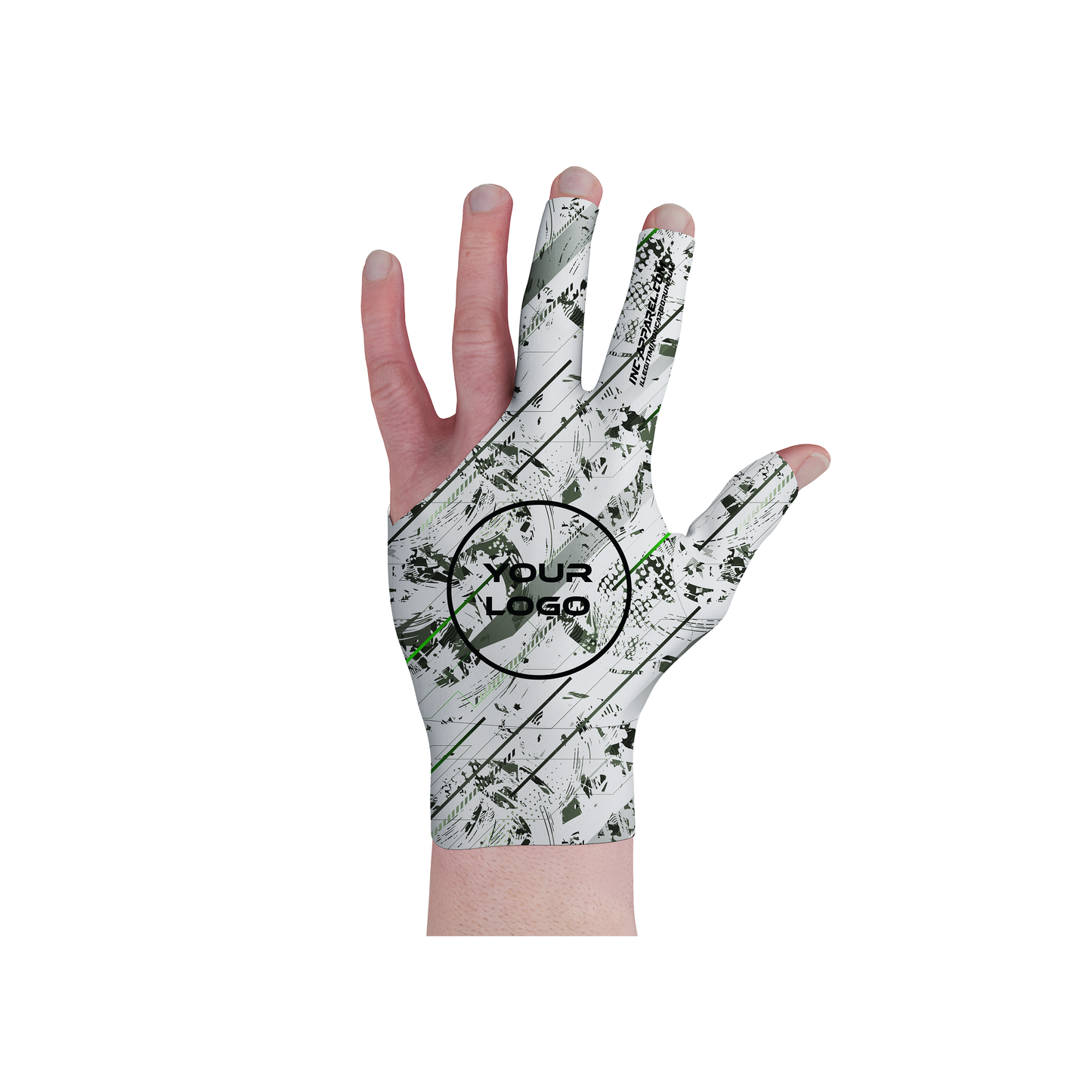 Fatum Manus White Pool Glove from INC-APPAREL – white performance cue glove with breathable spandex and Hand of Fate design.