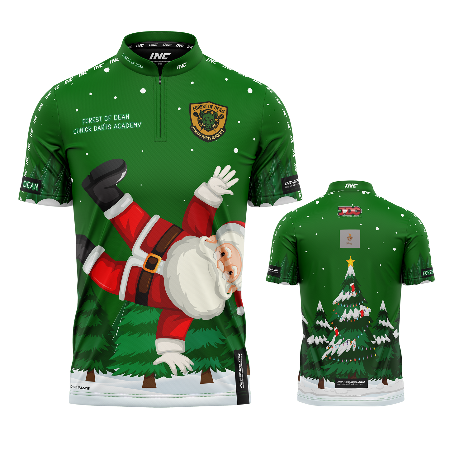 Combined front and back view of the Official Forest of Dean Junior Darts Academy Christmas Pro1 Shirt from INC-APPAREL