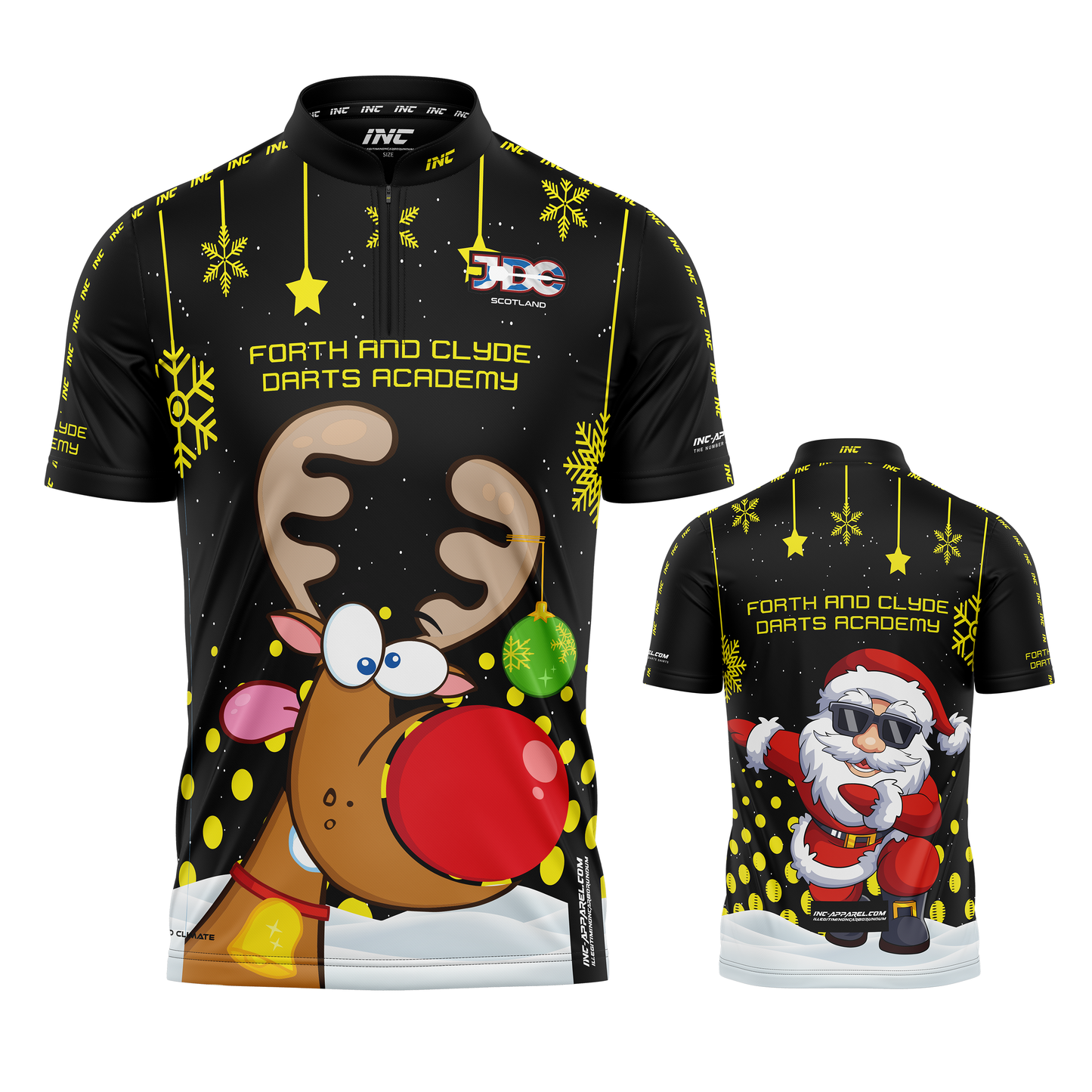 Combined front and back view of the Official Forth and Clyde Darts Academy Christmas Pro1 Darts Shirt from INC-APPAREL