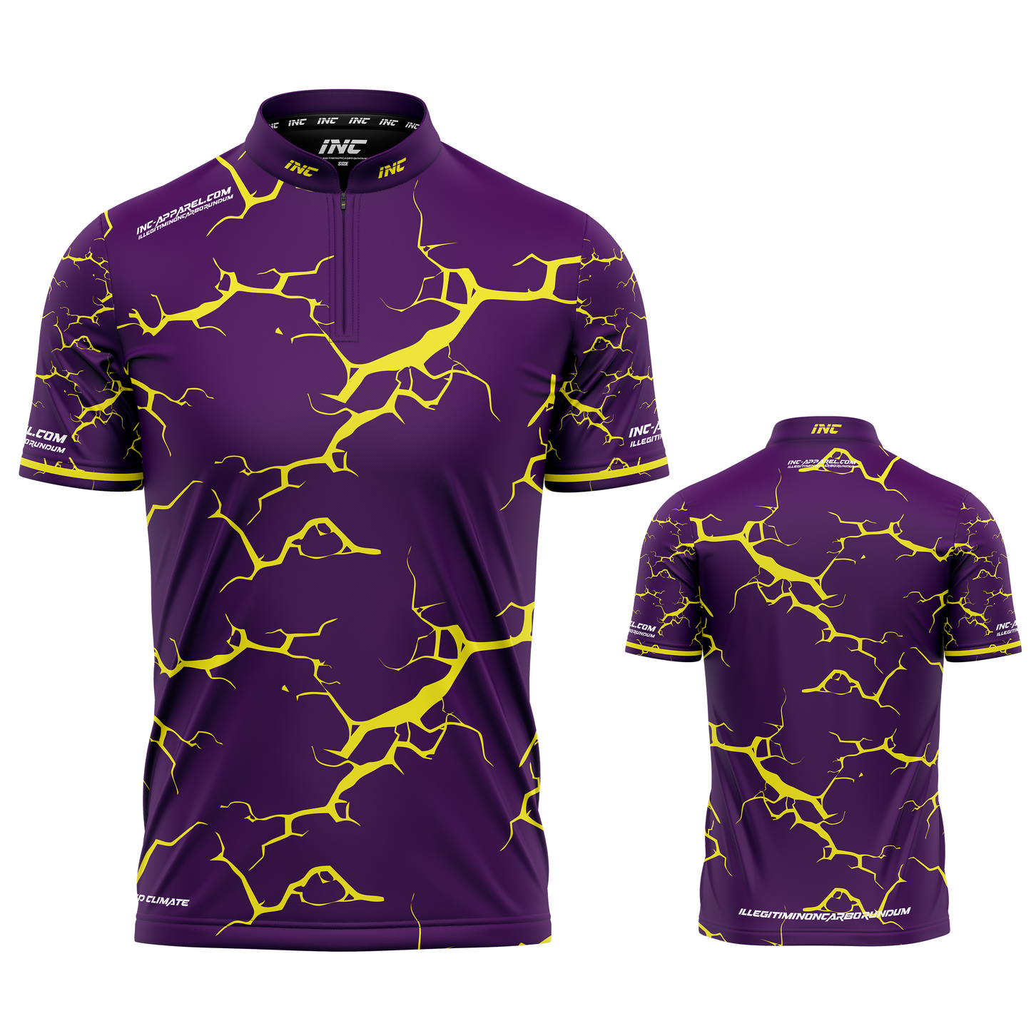 Fulmen purple and yellow personalised darts team shirt made to order with performance fabric and professional fit from INC-APPAREL