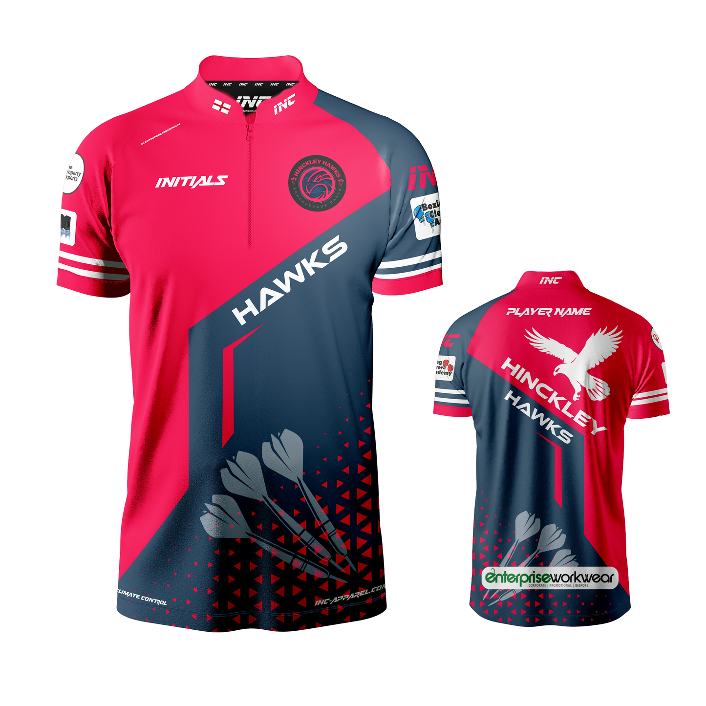 Hinckley Hawks Darts Shirt from INC-APPAREL – made-to-order breathable performance darts shirt with PRO1 collar and official team colours.