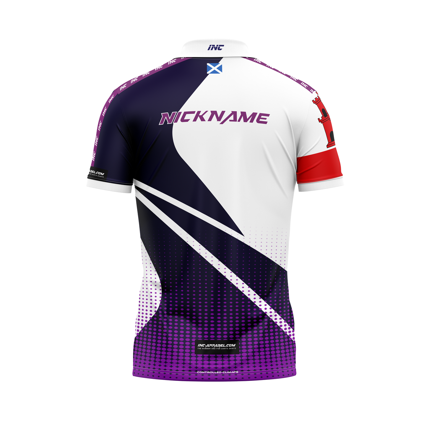 Junior Darts Corporation Scotland Zip Polo Gibraltar Darts Shirt – White and Purple – Back View | INC-APPAREL