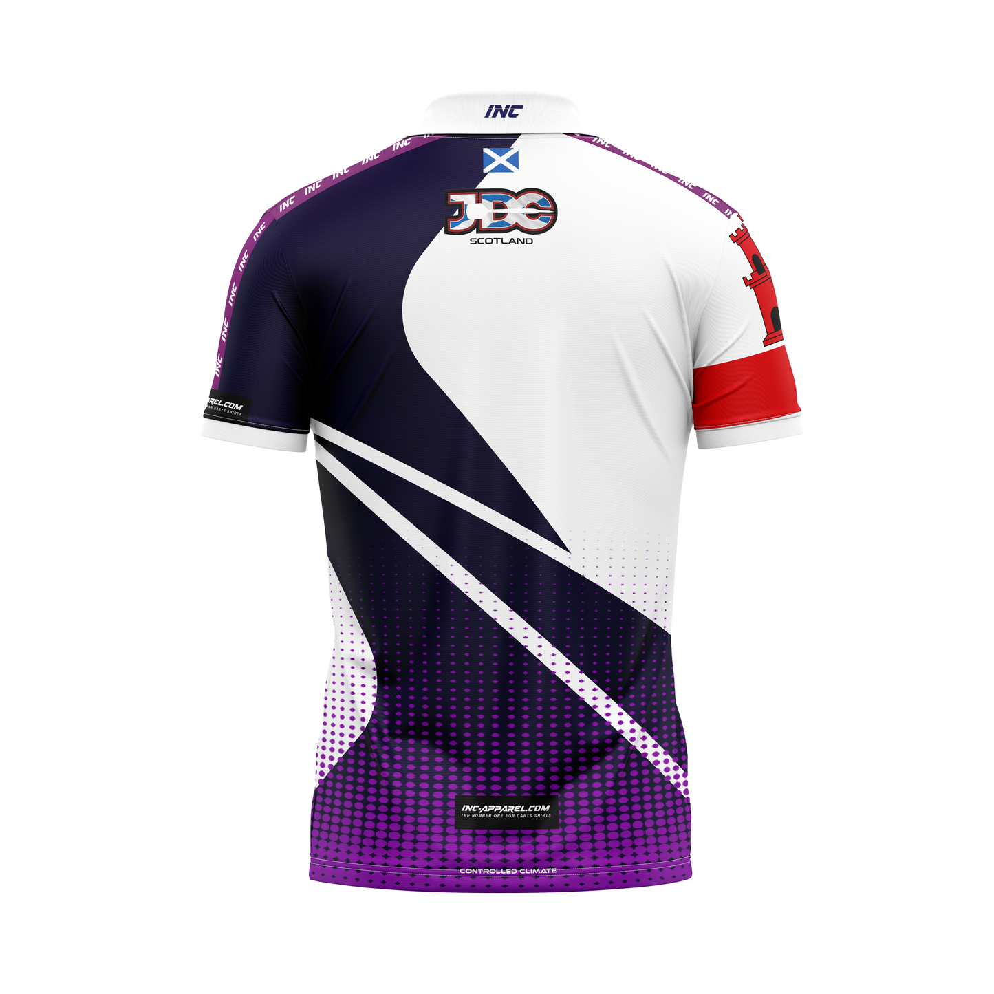 Junior Darts Corporation Scotland Zip Polo Gibraltar Darts Shirt – White and Purple – Back View | INC-APPAREL