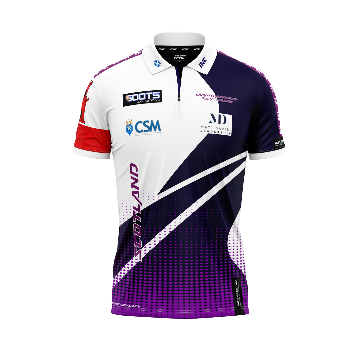 Junior Darts Corporation Scotland Zip Polo Gibraltar Darts Shirt – White and Purple – Front View | INC-APPAREL