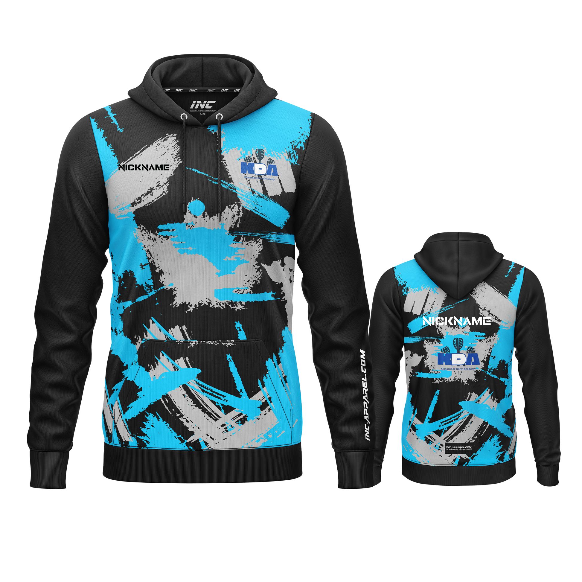Combined front and back view of the Official Kilmarnock Darts Academy Hoodie from INC-APPAREL.