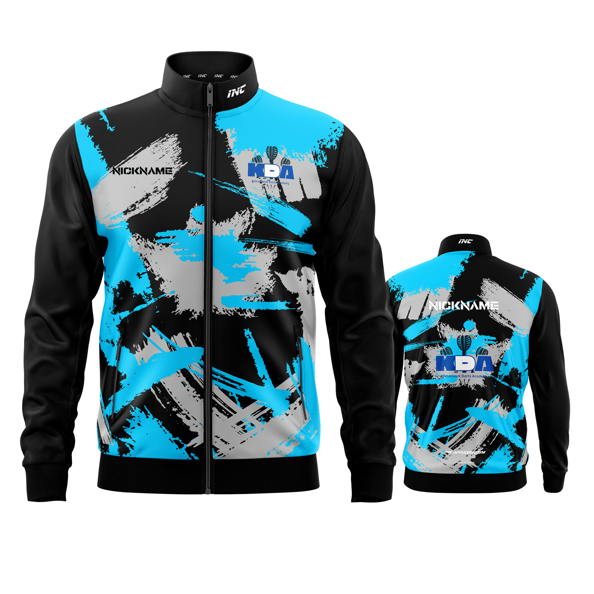 Combined front and back view of the Official Kilmarnock Darts Academy Tournament Jacket from INC-APPAREL, personalised with player name