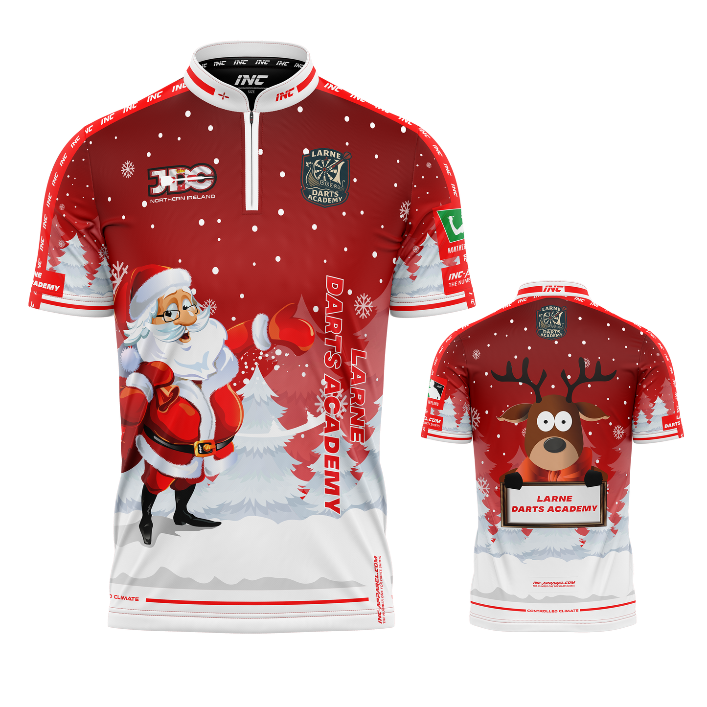 Combined front and back view of the Official Larne Darts Academy PRO1 Christmas Darts Shirt from INC-APPAREL