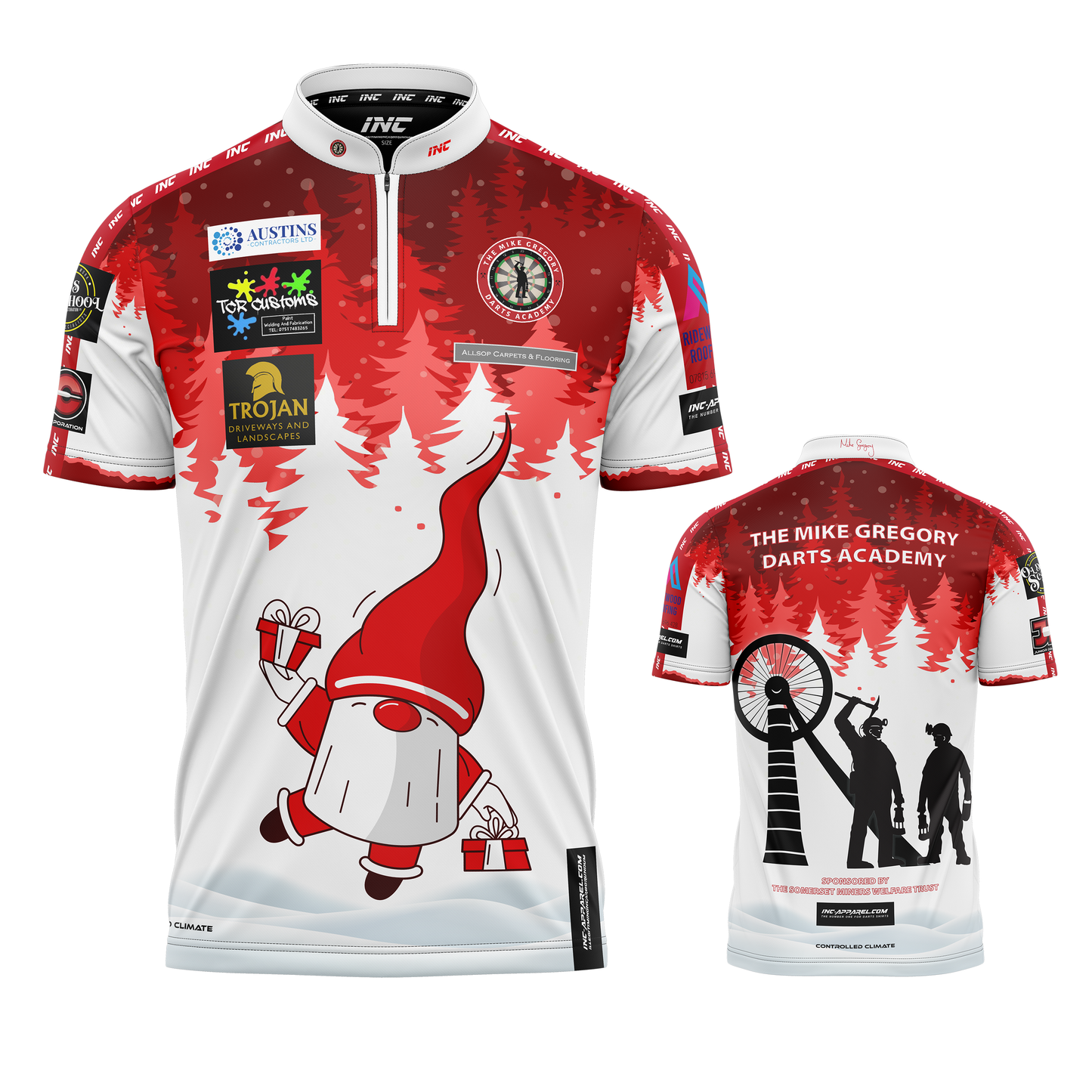 Combined front and back view of the Official Mike Gregory JDC Darts Academy PRO1 Christmas Darts Shirt from INC-APPAREL