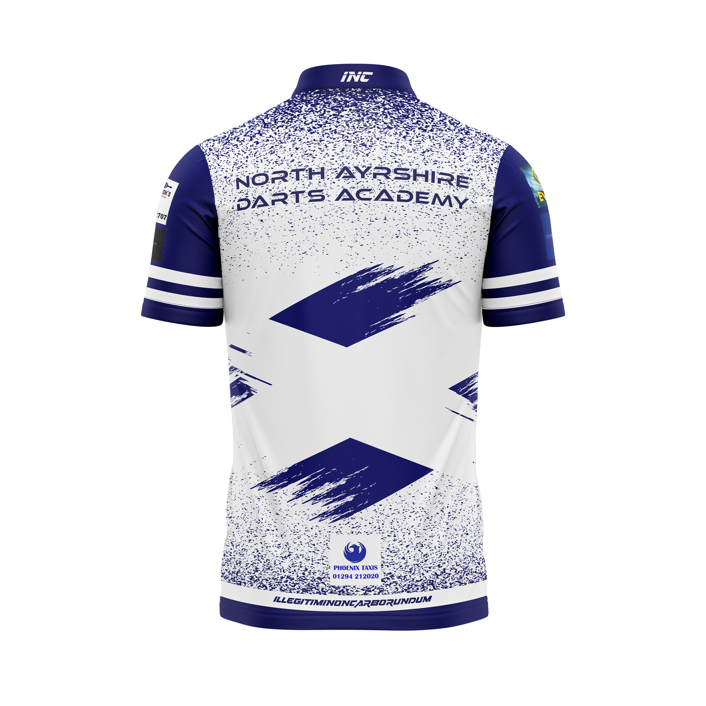 Combined back view of the Official North Ayrshire Darts Academy PRO1 Darts Shirt from INC-APPAREL