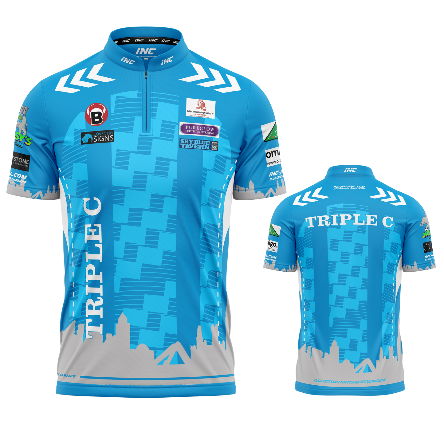 Official Charlie Moreton Blue Darts Shirt from INC-APPAREL – professional performance darts shirt with player branding.