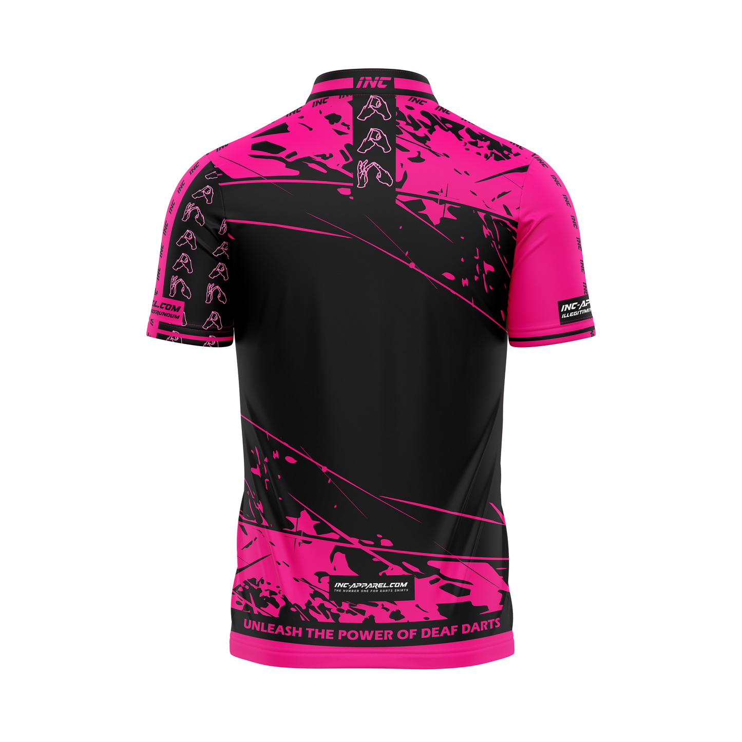 Back view of the Official Deaf Darts PRO1 Darts shirt pink - INC-APPAREL