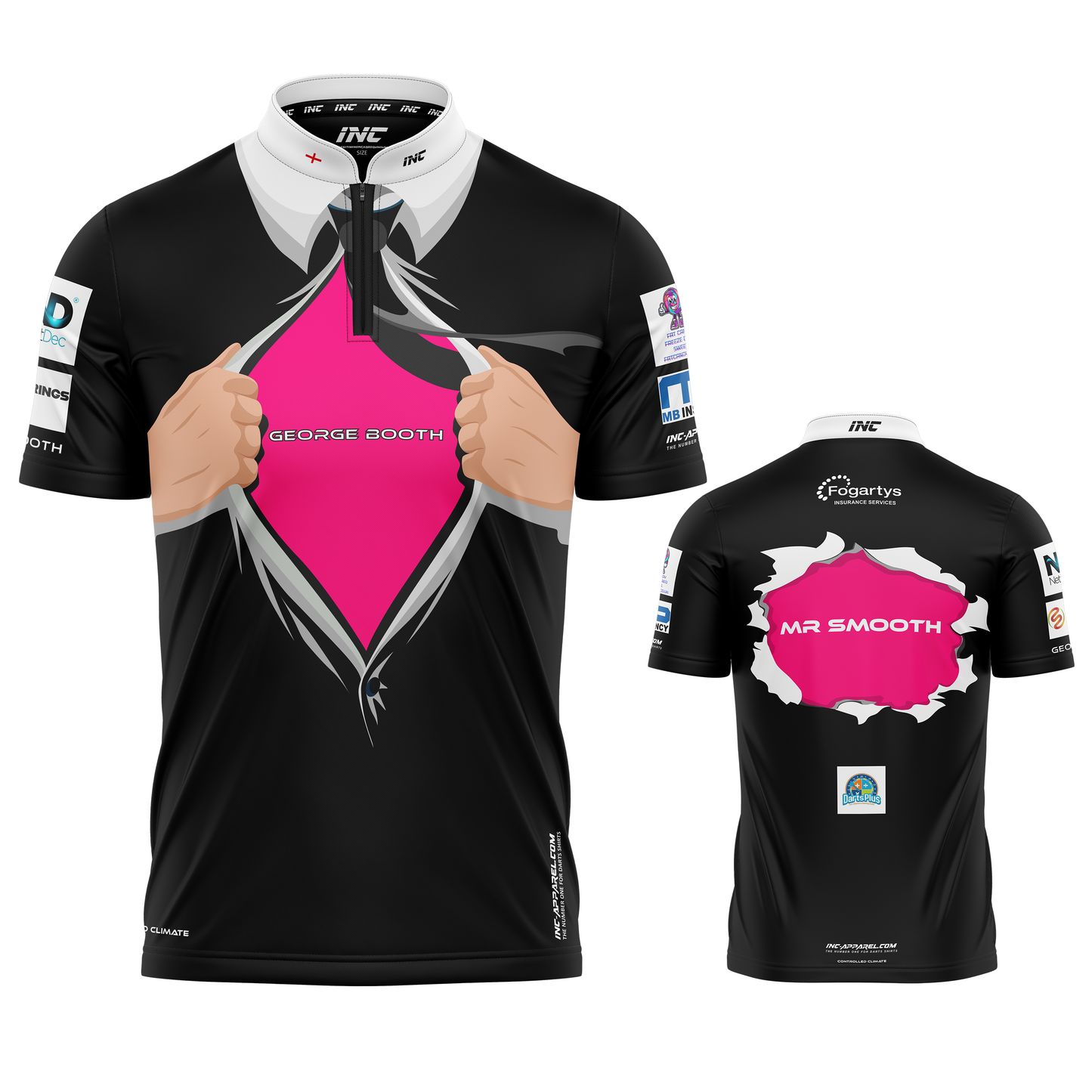 Official George Booth Darts Shirt from INC-APPAREL – performance darts shirt with signature George Booth design.