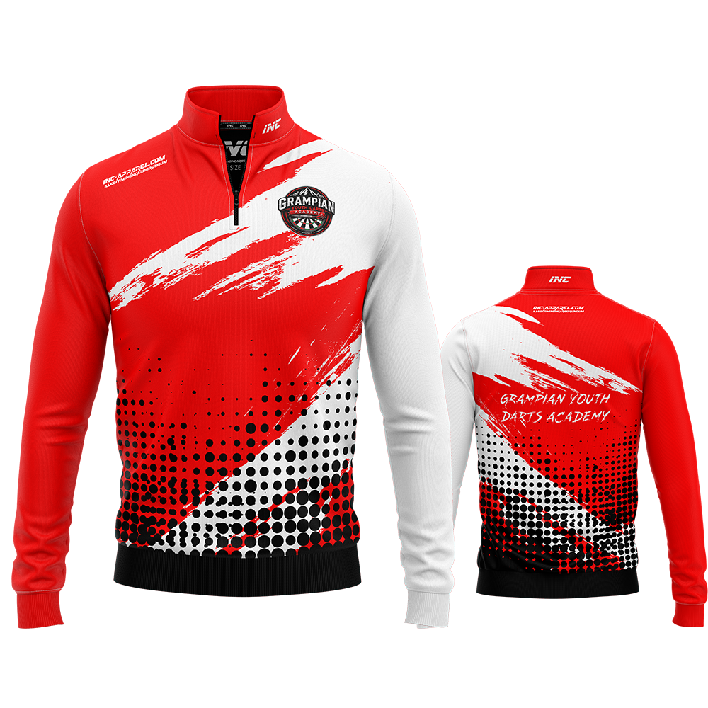 Official Grampian Youth Darts Academy Quarter Zip Midlayer from INC-APPAREL – youth academy performance midlayer with official branding.