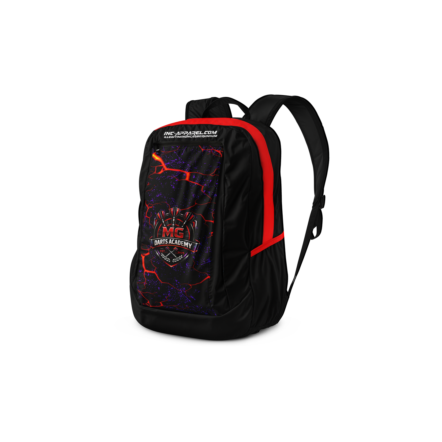 Official MG Darts Academy backpack interior compartments for darts equipment and accessories from INC-APPAREL