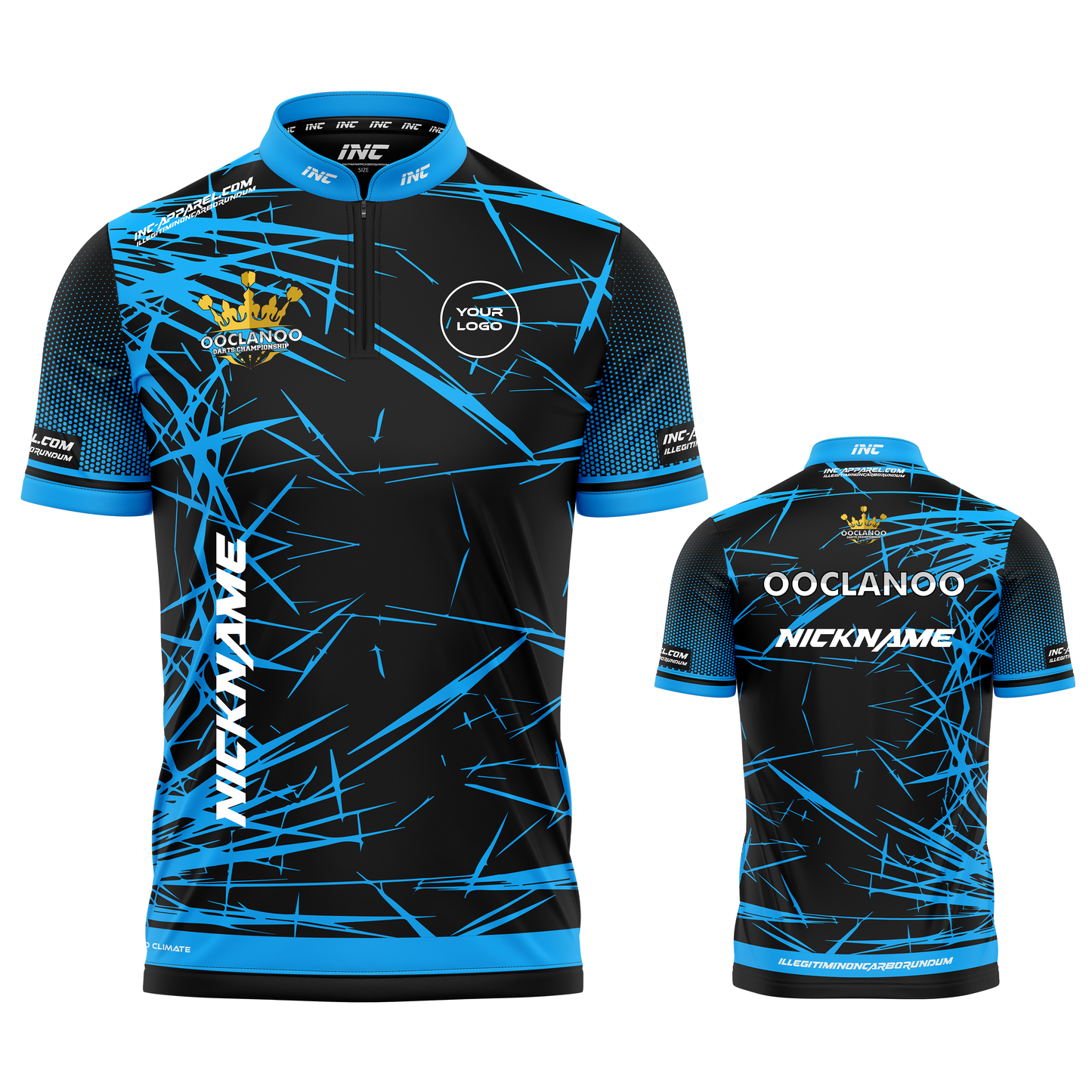 Official OOCLANOO Blue Darts Shirt from INC-APPAREL – performance darts shirt with official OOCLANOO branding.