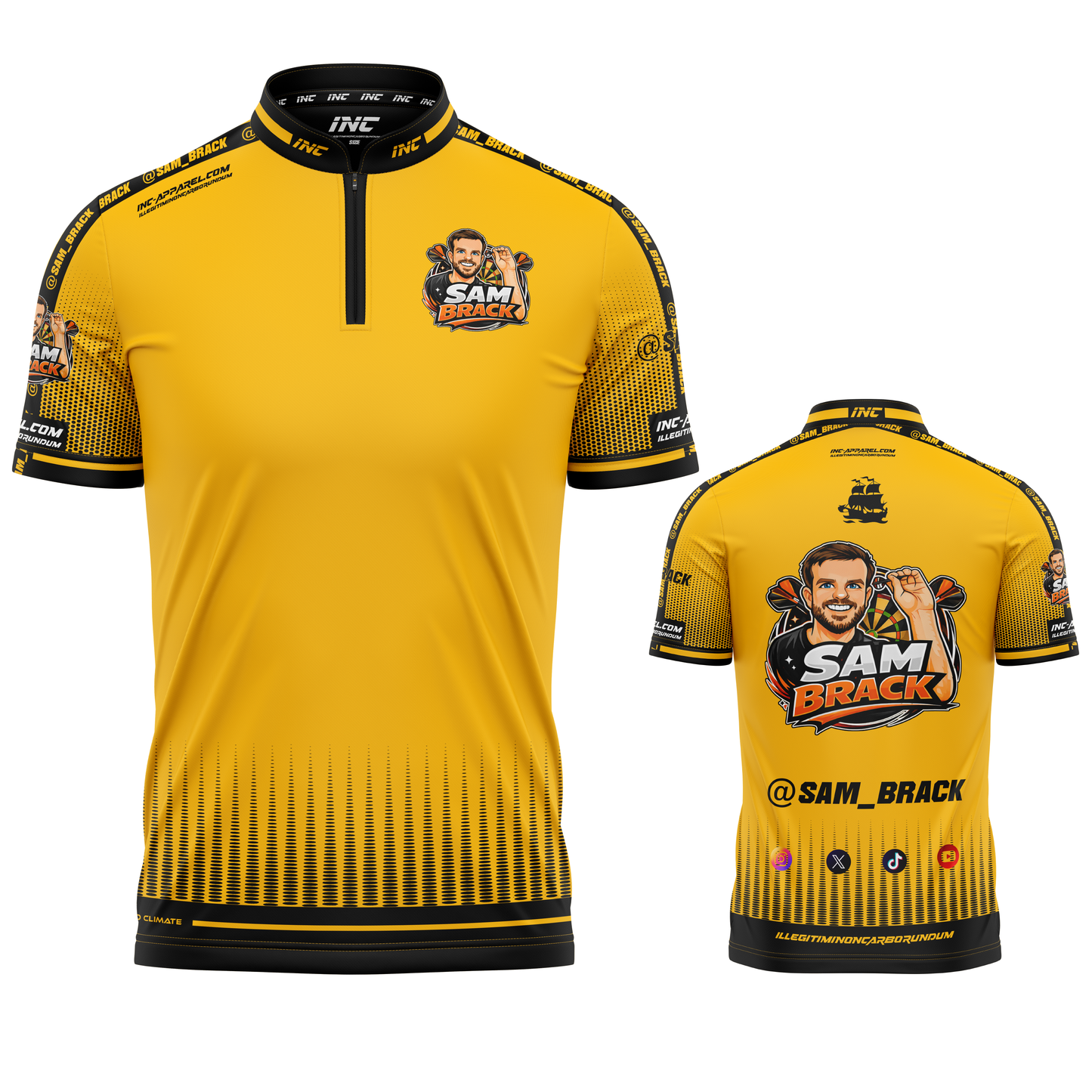 Official Sam Brack Amber Darts Shirt from INC-APPAREL – professional performance darts shirt with player branding.