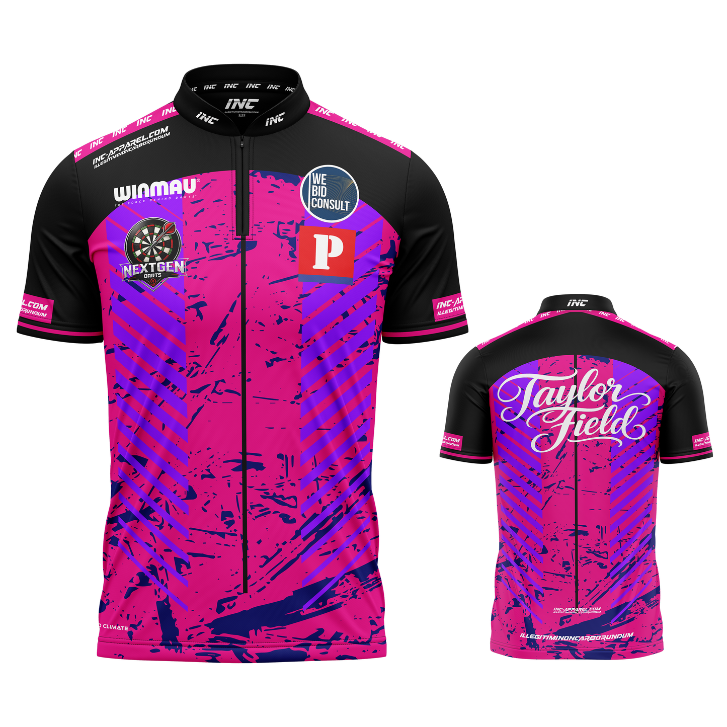 Official Taylor Field Pink and Black Darts Shirt from INC-APPAREL – performance darts shirt with signature Taylor Field design.