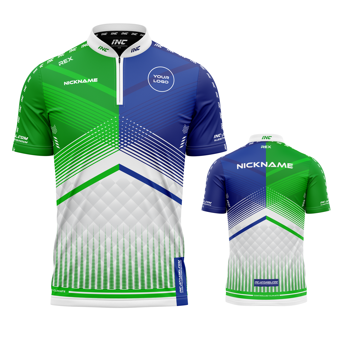 Rex Green and Blue Custom Pool Shirt from INC-APPAREL – performance pool shirt with bold green-and-blue design and breathable athletic fabric.