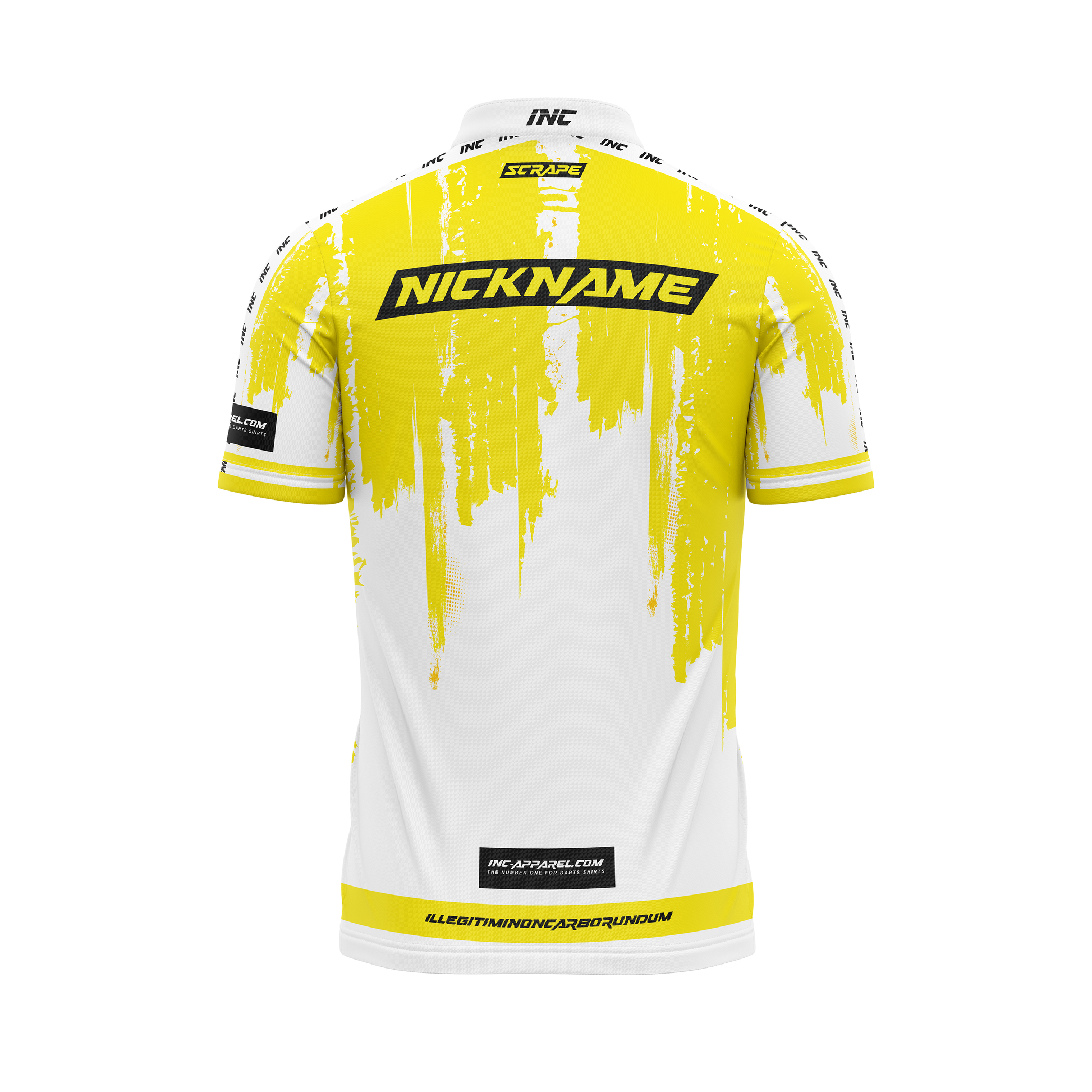 Back view of Scrape Pro1 darts shirt – Vindex design in yellow and white with personalised darts styling | INC-APPAREL