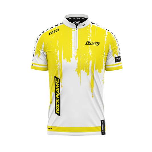 Scrape Pro1 darts shirt – Vindex design in yellow and white for custom team darts shirts and players | INC-APPAREL